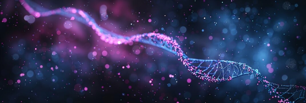 Abstract DNA double helix in blue and pink colors on a dark background with bokeh lights, a futuristic technology concept. MRNA - Powered by Adobe