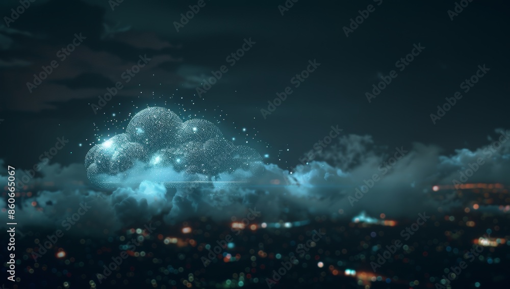 Poster digital cloud with glowing data particles floating in the dark sky, symbolizing advanced technology 