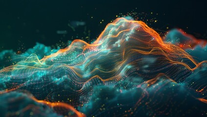 Digital cloud with glowing data particles floating in the dark sky, symbolizing advanced technology and innovation. Digital patterns representing network connections and cyber security.