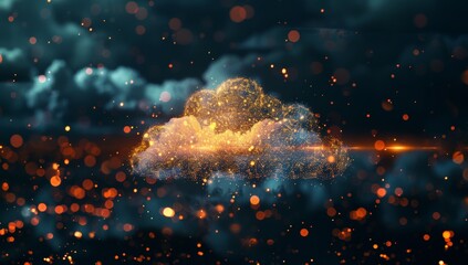 Digital cloud with glowing data particles floating in the dark sky, symbolizing advanced technology and innovation. Digital patterns representing network connections and cyber security.