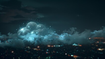Digital cloud with glowing data particles floating in the dark sky, symbolizing advanced technology and innovation. Digital patterns representing network connections and cyber security.