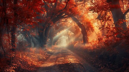 Enchanting Forest Path with Autumn Foliage, Generative AI