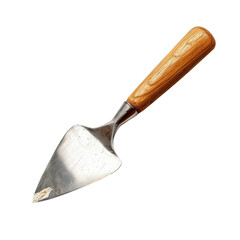 Image of a stainless-steel trowel with a wooden handle, ideal for gardening, masonry, or construction purposes. transparent background