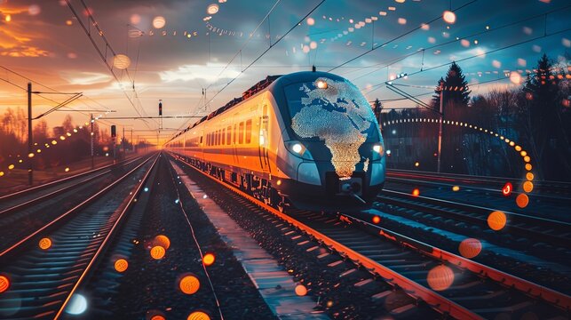 A fast-moving train on tracks at dusk, highlighted by digital nodes and graphics representing connectivity and speed in modern rail transportation.