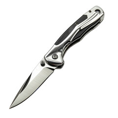 Fototapeta premium Sleek stainless steel folding knife with a sharp blade, perfect for outdoor enthusiasts and everyday carry needs. transparent background