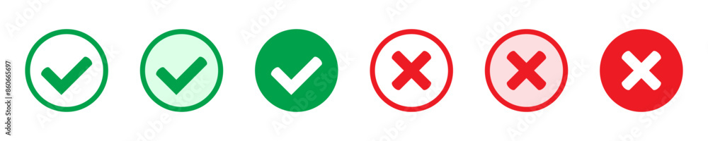 Aufkleber right or wrong icons. green tick and red cross checkmarks. yes or no symbol, approved or rejected ic