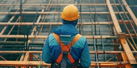 Fototapeta premium Worker wears safety harness to prevent falls at construction site. Concept Construction Safety, Fall Prevention, Safety Harness, Worker Protection, Construction Site