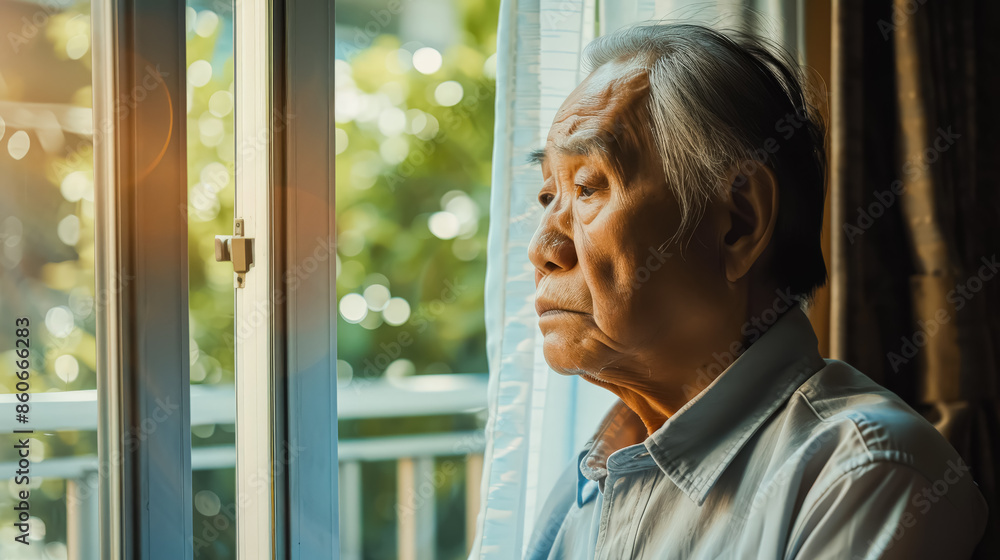 Aufkleber an older man is sitting in a room with a window open. he is looking out the window with a sad expres