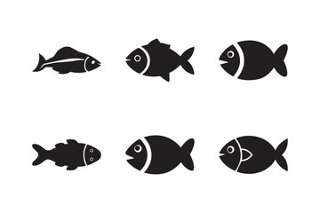 Fish icon set isolated on white background. Fish silhouette logos, emblems, badges and labels