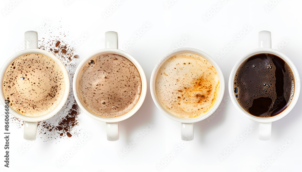 Poster aromatic coffee foam isolated on white, set. top view