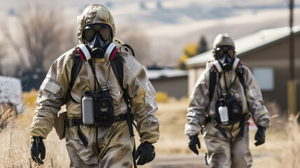 A man in a hazmat suit is walking through a field with other people in hazmat suits
