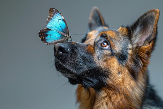 German shepherd dog portrait. A colorful monarch butterfly on the nose of dog