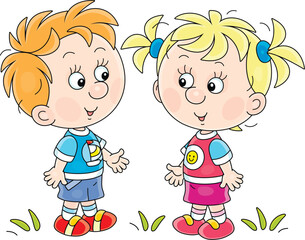 Little girl and boy in summer clothes friendly talking on a playground in a park, vector cartoon illustration on a white background