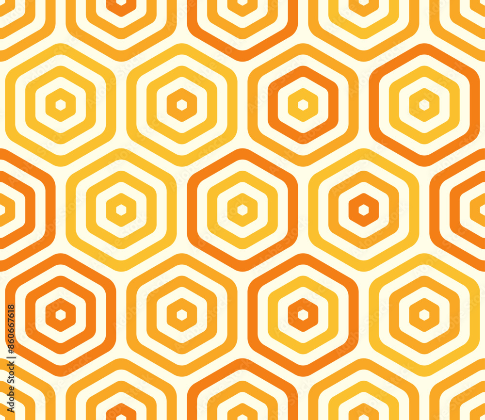 Poster hexagon geometric shapes background. bold rounded stacked hexagon cells. orange color tones. large h