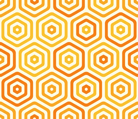 Hexagon geometric shapes background. Bold rounded stacked hexagon cells. Orange color tones. Large hexagons. Tileable pattern. Seamless vector illustration.