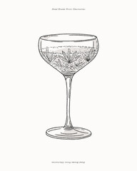 Champagne. Prosecco. Alcoholic sparkling drink in an elegant carved glass. Illustration for drinks cards, bar and wedding menus, cards and website graphics.