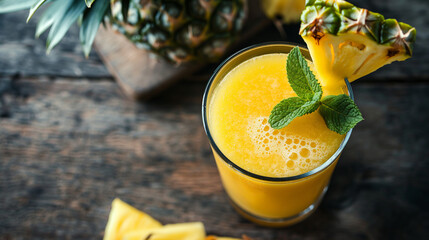 Pineapple, pineapple smoothie in a glass, cozy kitchen nook, bright daylight, refreshing and nutritious atmosphere, fresh pineapple slices and mint leaves as garnish, rustic wooden table