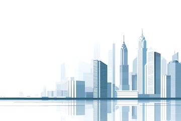 Naklejka premium Futuristic City Skyline in Soft Blue Tones with Misty Effects. Minimalist and Abstract Architectural Design of Modern Skyscrapers Blending into a Bright White Background, Representing Urban Developmen