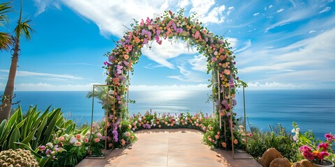 Scenic outdoor wedding with ocean view empty arch adorned with flowers. Concept Wedding Photography, Ocean View, Floral Arch, Scenic Backdrop, Outdoor Ceremony