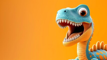 Obraz premium Cute and funny cartoon dinosaur with big eyes and toothy smile. Perfect for kids' book illustrations, game characters, or website mascots.