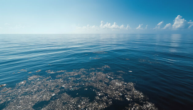 Pieces of small plastic rubbish floating on calm sea surface. Great pacific ocean garbage patch as imagined by Generative AI