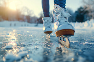 Ice Skaters' Feet on a Frozen Lake in a Scenic Outdoor Setting