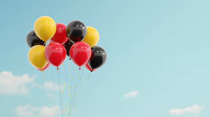 A cluster of red, black, and yellow balloons float against a clear blue sky. Celebrating German Unity Day with vibrant balloons symbolizing national pride and unity