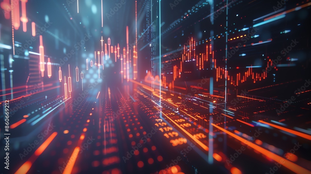Poster 3d rendering of a stock market graph. the graph is made up of red and green bars, which represent th