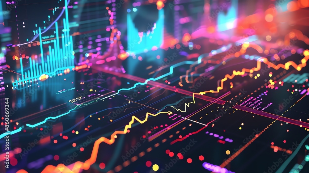 Poster 3d rendering of abstract glowing neon circuit board with data analysis graphs and charts. futuristic