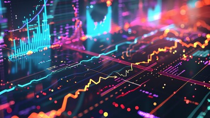 3D rendering of abstract glowing neon circuit board with data analysis graphs and charts. Futuristic technology background concept.