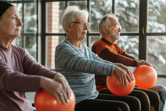 Elderly individuals participating in a seated exercise class with orange exercise balls. Active elderly group exercising indoors, promoting health and wellness through physical activity