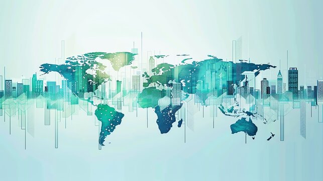 A digital illustration of a world map made up of circuit boards and skyscrapers. The image is blue and green and has a futuristic feel.
