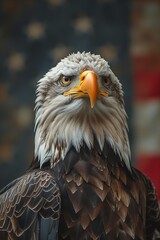 Obraz premium bald eagle flag background closeup portrait crisp looking away viewer aliased heavily profile geographics stoic calm free metal