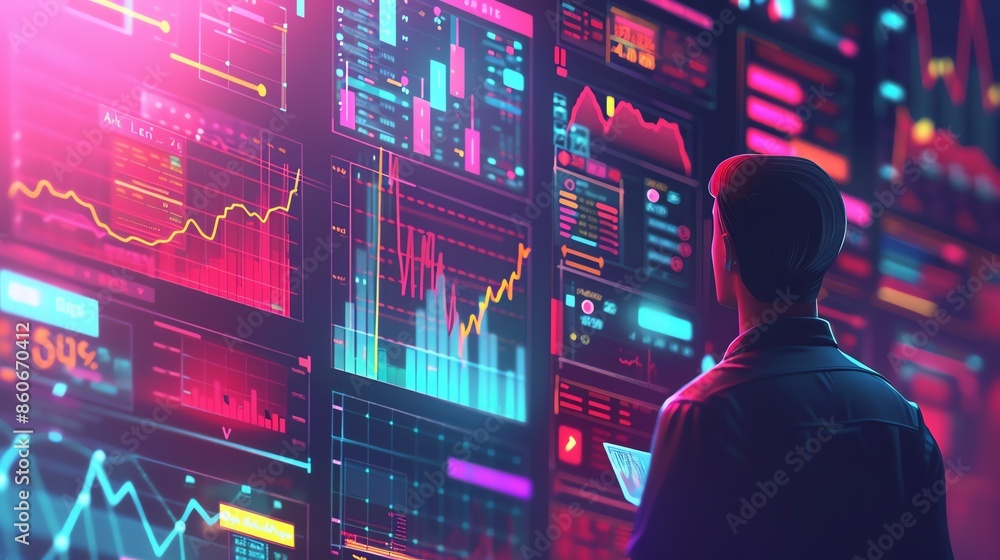 Poster a man in a dark suit stands in front of a large video wall displaying colorful graphs and charts of 