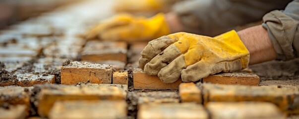A close-up shot capturing a worker’s gloved hands as they arrange yellow bricks on a construction site, emphasizing the precision and craftsmanship involved in the task.