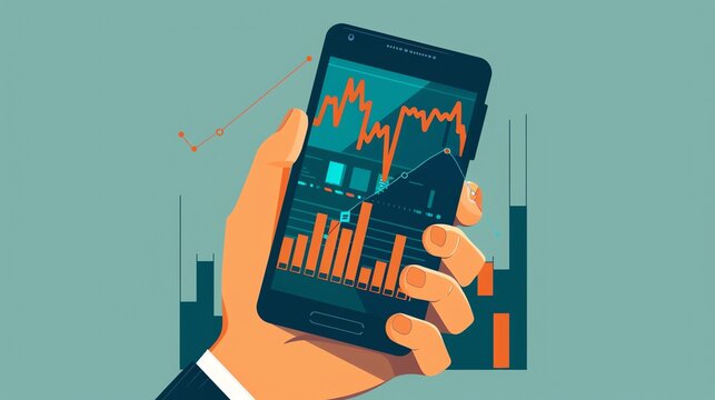 A hand holding a smartphone with a stock market app on the screen. The app is showing a graph of the stock market.