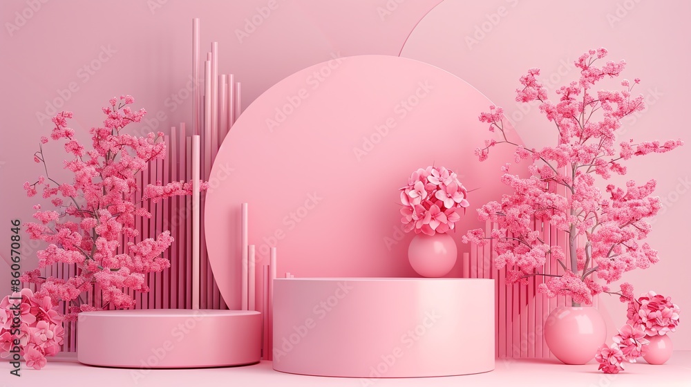 Poster 3d rendering of a pink podium with a pink background. the podium is made of a smooth material and ha