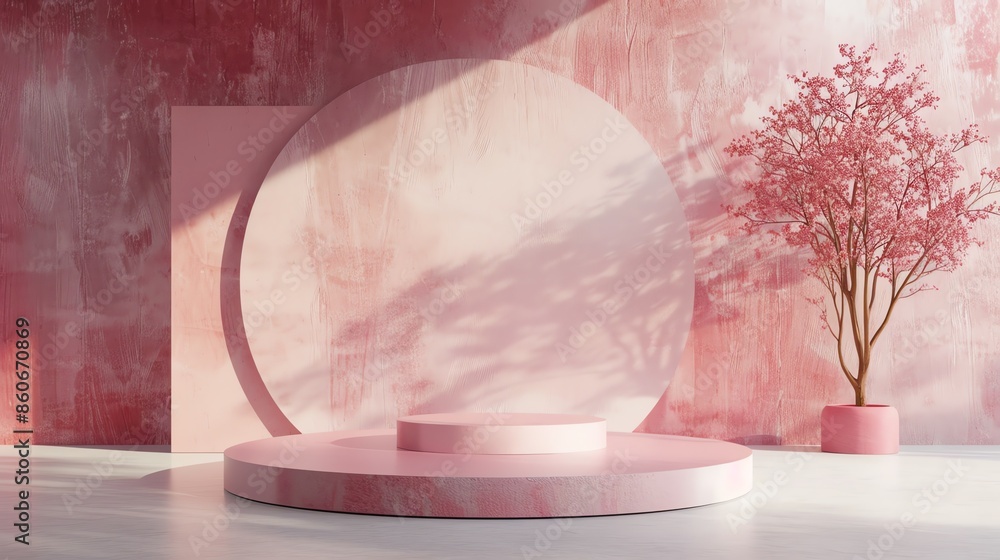 Poster this is a 3d rendering of a pink podium with a pink tree in the background. the podium is made of a 