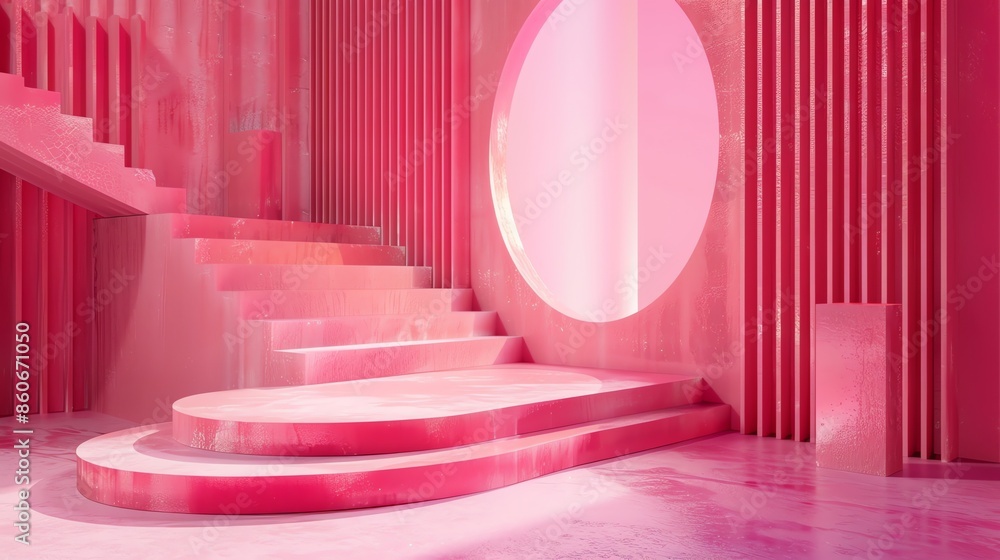 Poster this is a 3d rendering of a pink and white podium. the podium has three steps and a circular opening
