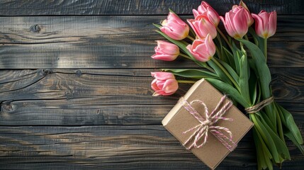 Pink tulips and gift box on wooden surface