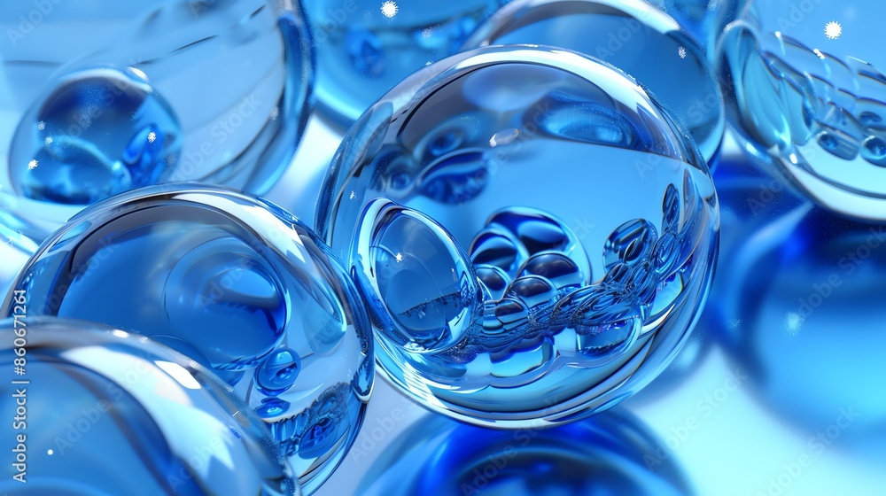 Poster 3d rendering of a close-up of a group of transparent blue spheres with a glossy surface.