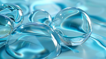 3D rendering of a close-up of a group of transparent glass spheres on a blue liquid surface.