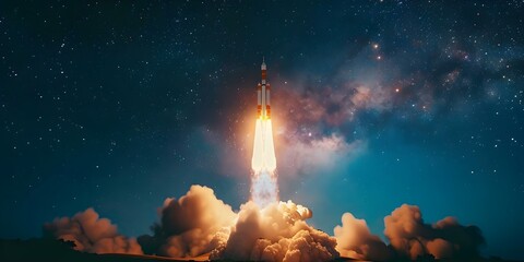Rocket launches into night sky with optimized trajectory using advanced technology. Concept Space Exploration, Rocket Science, Advanced Technology, Night Sky, Trajectory Optimization