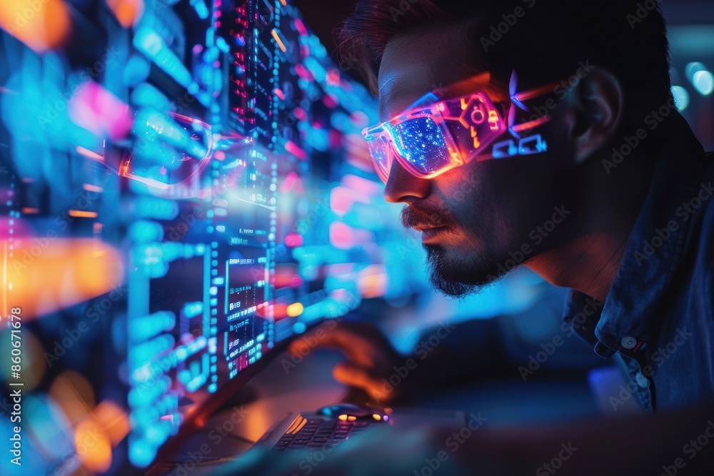 Aufkleber businessman using artificial intelligent technology. holographic computer tech concept. ai generativ