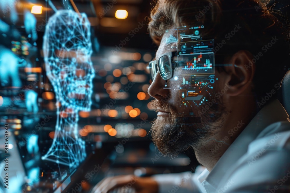 Poster businessman using artificial intelligent technology. holographic computer tech concept. ai generativ