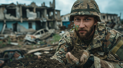Fototapeta premium A soldier on the background of the destroyed city holds a handful of earth with a small green rock that symbolises the beginning of a new life after the war