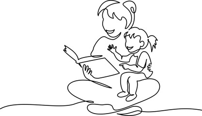 Mother reading book to child daughter. Continuous one line drawing art.