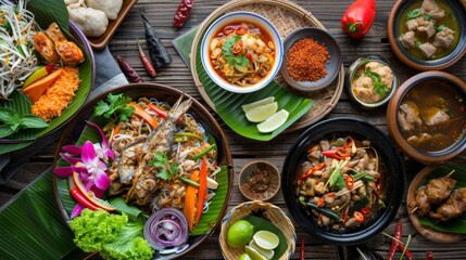 Futuristic Fusion: Cyberpunk Authentic Thai Isaan Cuisine Spread on Table with Diverse Dishes and Rich Colors in Magazine Photography Style