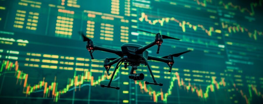 A high-tech quadcopter drone flying in front of a backdrop of finance market graphs, symbolizing the merging of aviation technology and financial analytics in a modern style. - Powered by Adobe
