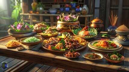 Fototapeta premium Vibrant 3D Rendering of Authentic Thai Isaan Food Platter in Traditional Setting with Global Illumination